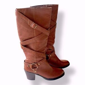 LAUREN RALPH LAUREN Tall Leather Riding Boots Size 5 1/2 Brown 2” Chunky Heels